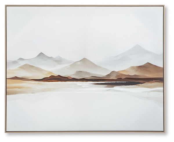 Bring the majesty of the mountains indoors with this landscape. An open expanse in the foreground contrasts and draws the eye to the rolling hills. The wall art takes a minimalistic approach to natural beauty, with neutral tones that make an impact in con