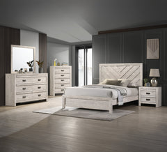 This bedroom collection encapsulates a blend of contemporary design and rustic charm. The centerpiece, a bed with a distinguished chevron patterned headboard, evokes a sense of craftsmanship and texture, infusing the space with character. Flanking the bed