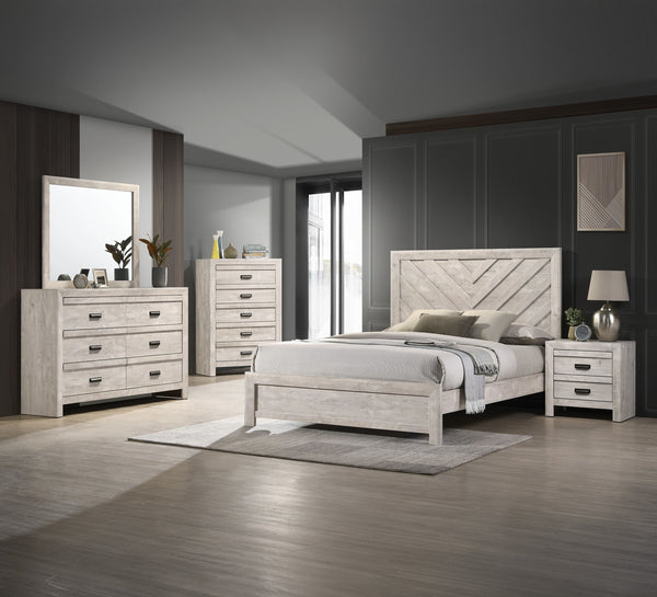 This bedroom collection encapsulates a blend of contemporary design and rustic charm. The centerpiece, a bed with a distinguished chevron patterned headboard, evokes a sense of craftsmanship and texture, infusing the space with character. Flanking the bed