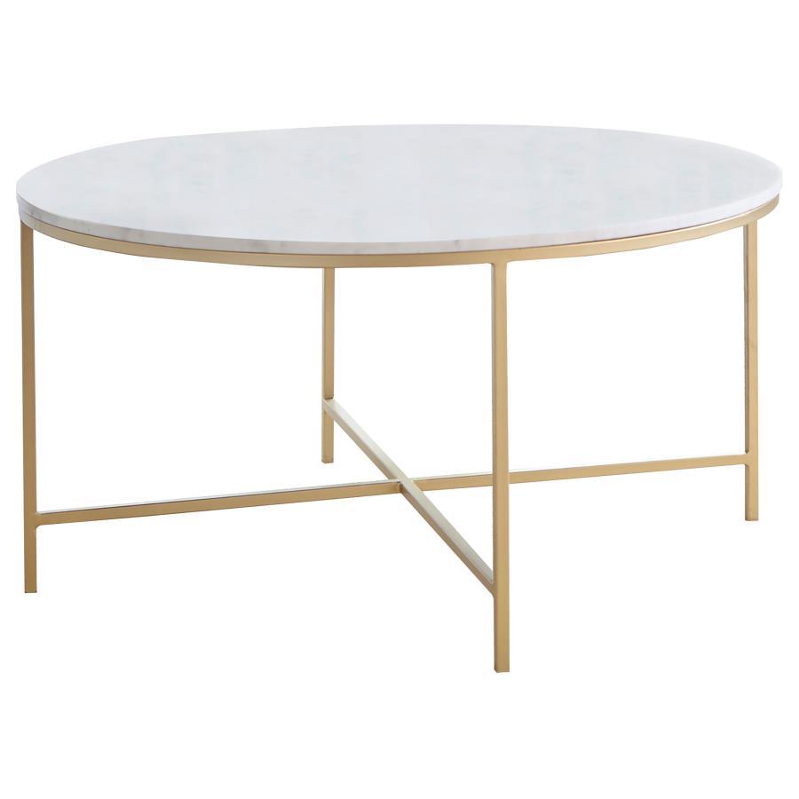 This round coffee table features a genuine white marble top, adding a sophisticated touch to any living room. The elegant marble surface is supported by a welded iron frame with a luxurious gold finish. Fully assembled and ready for use, this cocktail tab