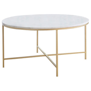 This round coffee table features a genuine white marble top, adding a sophisticated touch to any living room. The elegant marble surface is supported by a welded iron frame with a luxurious gold finish. Fully assembled and ready for use, this cocktail tab