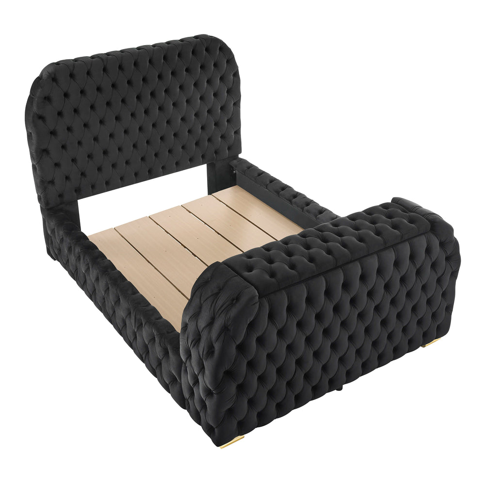 Indulge in the epitome of luxurious comfort and innovative design with this exquisite bed, a true masterpiece for those who appreciate both form and functionality in their sleeping quarters. Boasting a majestic, deeply tufted headboard that extends all th