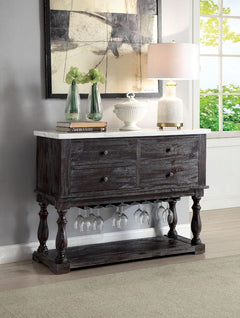 KD, Rectangular Server w/Marble Top Storage: 4 Drawers, Open Compartment w/Stemware Rack (Base Wooden Shelf) Wooden Frame: Case Top Wooden Trestle Base w/4 Turned Supports: Weathered Espresso Drawer: GLIDE Center Wood (2/3 Ext.), Dovetail NO, Felt-Lined D
