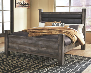 This king upholstered poster bed is sure to win your heart with its daring designer take on modern rustic. The bedâ€™s crisp, clean and minimalist-chic profile is enriched with a striking replicated oak grain with thick plank styling and a weathered gray 