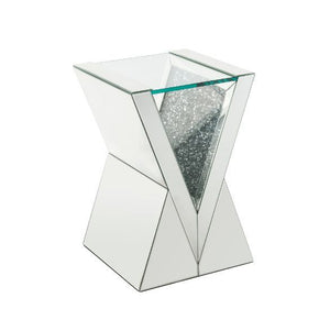 Brighten up your space with this stunning end table. With its distinctive V shaped pedestal base, this table is one your friends and family will all be envious of and will be talking about for years to come. The faux diamond inlay adds the right amount of