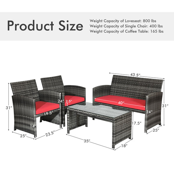 Rattan patio set includes one loveseat  two single chairs and one coffee table. <br>Made of high-quality rattan with strong built-in frame structure <br>Functional and beautiful design perfect for garden  backyard and balcony <br>Rattan coffee table with 
