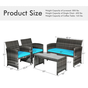 Rattan patio set includes one loveseat  two single chairs and one coffee table. <br>Made of high-quality rattan with strong built-in frame structure <br>Functional and beautiful design perfect for garden  backyard and balcony <br>Rattan coffee table with 