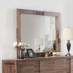 The Andria Beveled mirror has a sturdy wooden frame with a reclaimed oak finish. The Mirror gives you a place to check out your reflection, but the beveled surface and add an elegant touch to a space.<br/><br/><b>Product Features</b><ul><li>Beveled Mirror
