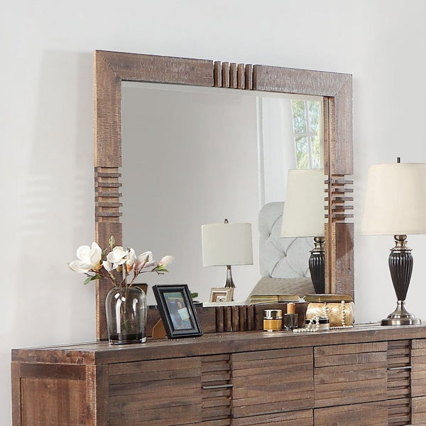 The Andria Beveled mirror has a sturdy wooden frame with a reclaimed oak finish. The Mirror gives you a place to check out your reflection, but the beveled surface and add an elegant touch to a space.<br/><br/><b>Product Features</b><ul><li>Beveled Mirror