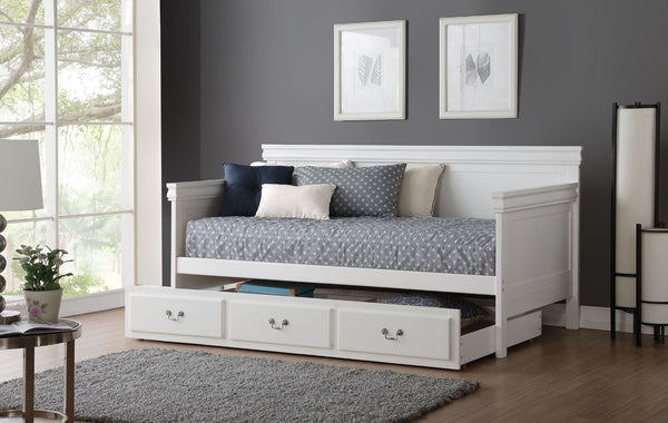 KD, Daybed & Trundle (Twin Size) NO Storage Wooden Panel Daybed: Raised Trim Molding Spring Box NOT Required, Slat System Included 13 Slats Roll-out Trundle (Bed or Drawer - Removable Divison Board)<br/><br/><b>Product Features</b><ul><li>Box Spring NOT R