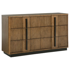 Add a stylish platform for decor and ample storage for clothing with a modern six-drawer dresser. Crafted with a cool ash brown wood grain finish, the dresser features decorative drawer fronts that turn it into a true show piece in your bedroom. Drawer fr