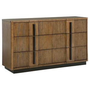 Add a stylish platform for decor and ample storage for clothing with a modern six-drawer dresser. Crafted with a cool ash brown wood grain finish, the dresser features decorative drawer fronts that turn it into a true show piece in your bedroom. Drawer fr