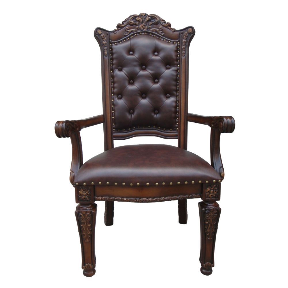 KD, Arm Chair Backrest: Button Tufted (Inside), Wood & Nailhead Trim Padded Seat: PU with Nailhead Trim Wooden Seat Apron with Molding Trim Wooden Tapered Leg: Floral Motif<br/><br/><b>Product Features</b><ul><li>Arm Chair</li><li>Padded Seat & Back Cushi