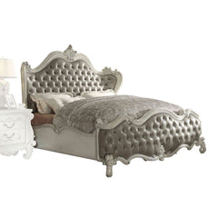 Sleep like royalty with this Versailles Bed Set. The bedroom set was inspired by old European design. The bed features carved scrollwork accent with nailhead trim Decor and tufted upholstery on both headboard and footboard. The accent pieces crafted in wo
