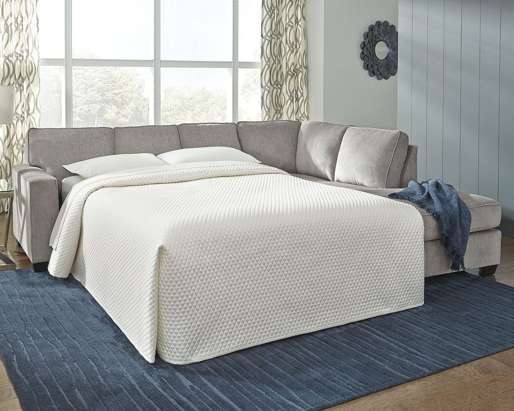 If style is the question, then this sleeper sectional is the answer. Sporting clean lines and sleek track arms, the decidedly contemporary profile is enhanced with plump cushioning and a chenille-feel upholstery, so pleasing to the touch. Sure to play wel