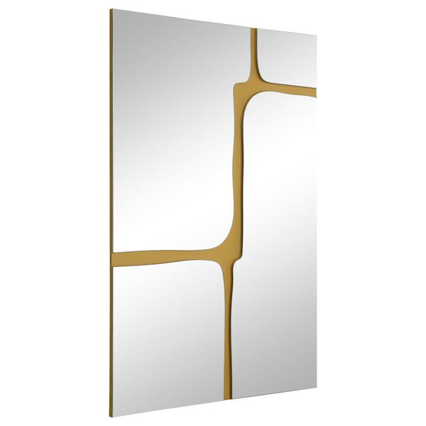 Play into an aura of sophistication and artistry in your living space with a modern wall mirror. It-'s a charmingly frameless design, adding sharp character over a console or in a hall. Gold veining interrupts flat mirror glass, adding a sense of glamour 