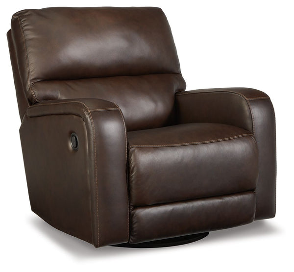 Embrace streamlined design. The sleek form of this swivel glider recliner is rich in tailored function. Its reclining, swivel and gentle rocking motions relax you in refined style. And the expertly matched leather and faux leather upholstery, in a deep ne