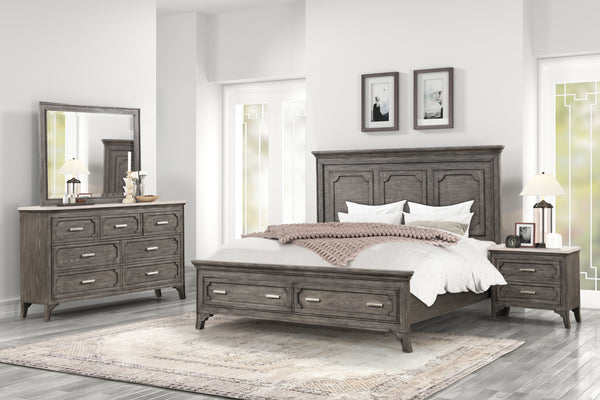 Transform your bedroom into a sanctuary of timeless elegance with the Lisbon 4 Piece Bedroom Set in Gray. Crafted from Acacia solid wood and eco-friendly embossed oak laminate, this set ensures enduring strength and durability. Its multi-step gray finish 