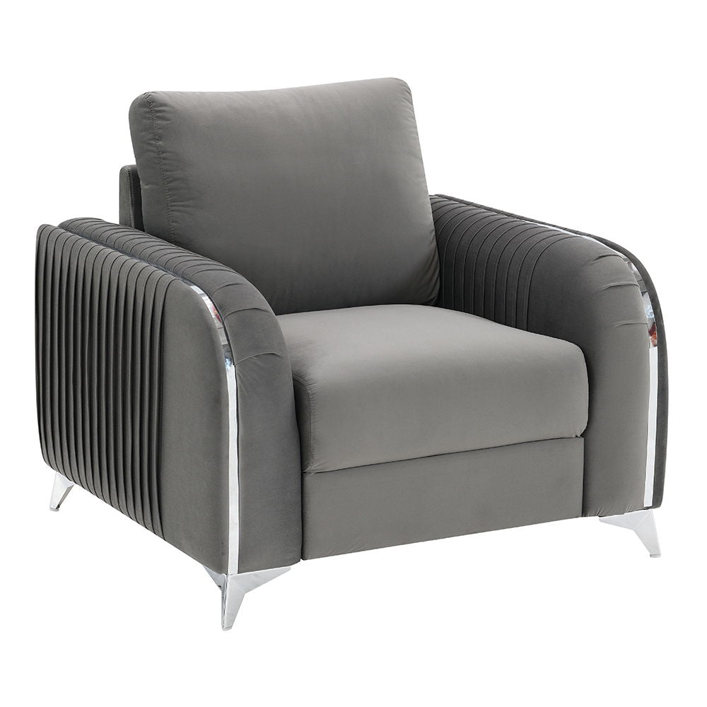 Make a bold statement with the Wenona blue velvet chair. The blue color of the velvet upholstery is a classic color that will provide a fun pop of color in any home. This chair is highlighted with polished chrome trim accents along the armrests and legs t