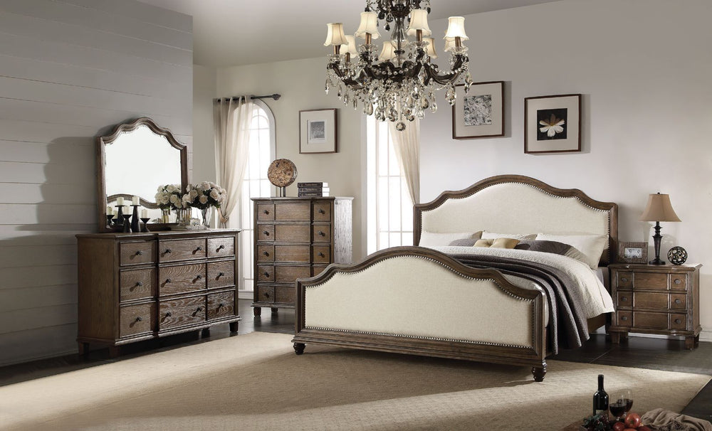 The Baudouin collection is the embodiment of hominess and comfort. Crafted with simple shape headboard and footboard and beige linen padded, matching case goods in distress gray finish, this bedroom set will bring you warmer and more relaxed environment t