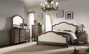 The Baudouin collection is the embodiment of hominess and comfort. Crafted with simple shape headboard and footboard and beige linen padded, matching case goods in distress gray finish, this bedroom set will bring you warmer and more relaxed environment t