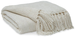 A lovely layer to cozy up with, this cream throw blanket also makes a stylish statement. Whether draped over the arm of a sofa or folded at the foot of a bed, the woven texture and knotted fringe give it a homespun look that-'s relaxed and inviting.<br/><