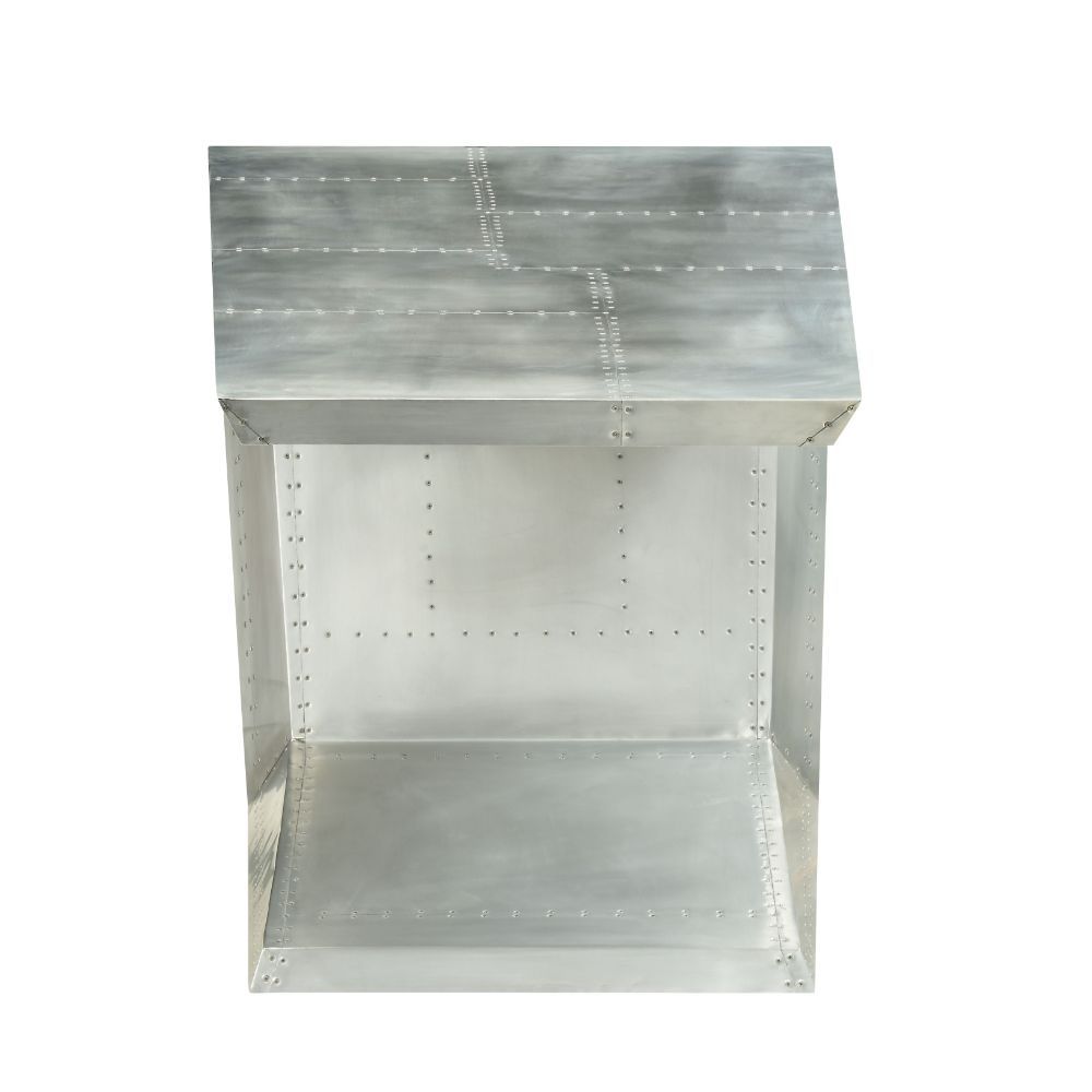 Assembled, Writing Desk â€¢ NO Storage (Open Base) â€¢ Industrial Aviation Style: Aluminum Patchwork â€¢â€¢ CONSTRUCTION â€¢â€¢ Top: Aluminum with Ply Frame (No Back-Panel) â€¢ Metal Base: Geometric Shape, Aluminum with Ply Frame â€¢ (NO Cord Mgmt./NO Key