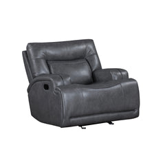 The Titan Glider Recliner in gray offers the perfect blend of durability and comfort. Built with hardwood plywood and engineered wood frames, this recliner is designed to support up to 350 lbs per seat, ensuring longevity. The soft, luxurious leather-look