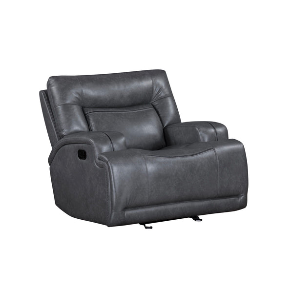 The Titan Glider Recliner in gray offers the perfect blend of durability and comfort. Built with hardwood plywood and engineered wood frames, this recliner is designed to support up to 350 lbs per seat, ensuring longevity. The soft, luxurious leather-look