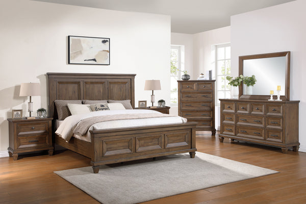 The Mariana 6-Piece Wood Bedroom Set in Vintage Mocha combines timeless craftsmanship, thoughtful design, and rustic elegance to transform any bedroom into a sophisticated retreat. Including a panel bed, dresser, mirror, chest, and two nightstands, this s