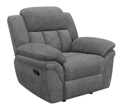 Wrapped in a charcoal grey performance chenille, this glider recliner is the perfect addition to a casual living room or man cave. As a manual recliner, this chair comes with a stay-in-place wall hugger mechanism that makes the most of a compact corner or