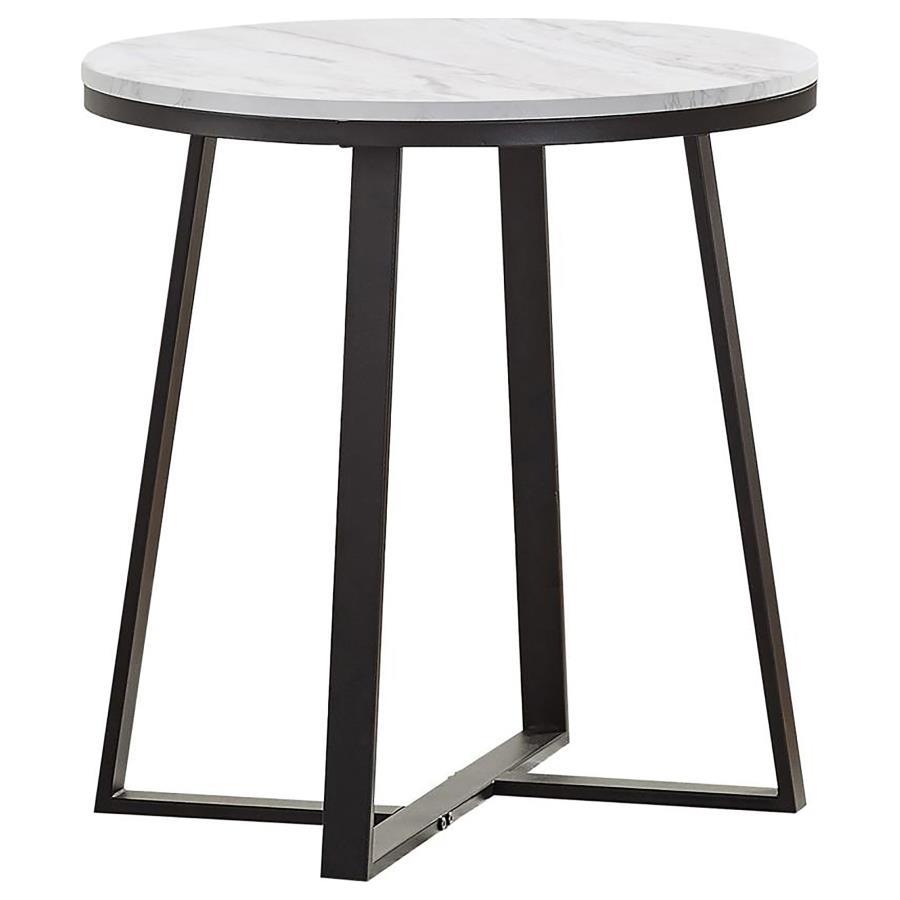 This modern end table combines bold design with a sleek two-tone finish, ideal for contemporary spaces. The round faux marble top in white adds elegance, while the matte black powder-coated metal base offers a sturdy foundation. The intersecting U-shaped 