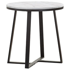 This modern end table combines bold design with a sleek two-tone finish, ideal for contemporary spaces. The round faux marble top in white adds elegance, while the matte black powder-coated metal base offers a sturdy foundation. The intersecting U-shaped 