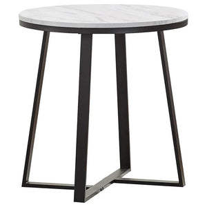 This modern end table combines bold design with a sleek two-tone finish, ideal for contemporary spaces. The round faux marble top in white adds elegance, while the matte black powder-coated metal base offers a sturdy foundation. The intersecting U-shaped 