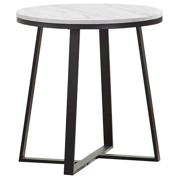 This modern end table combines bold design with a sleek two-tone finish, ideal for contemporary spaces. The round faux marble top in white adds elegance, while the matte black powder-coated metal base offers a sturdy foundation. The intersecting U-shaped 