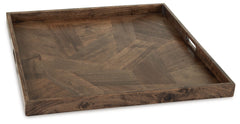 Serve up homey style with this tray. Itâ€™s a chic catch-all spot for your living room essentials when staged on an ottoman. Or place the tray on a coffee table as a beautiful base for decorative accents. With a honey brown hue and geometric wood pattern,