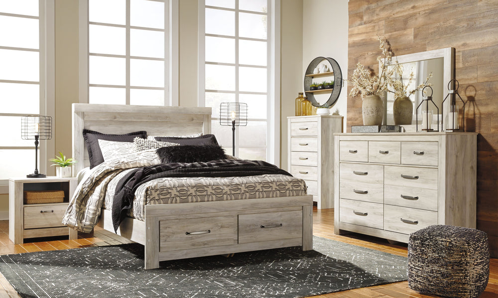 Wispy white finish over replicated Oak grain with authentic touch. Handles in a brushed nickel color finish with black hang up. Slim USB charger located on the back of the night stand tops. Modern styled panel bed. Side roller glides for smooth operating 