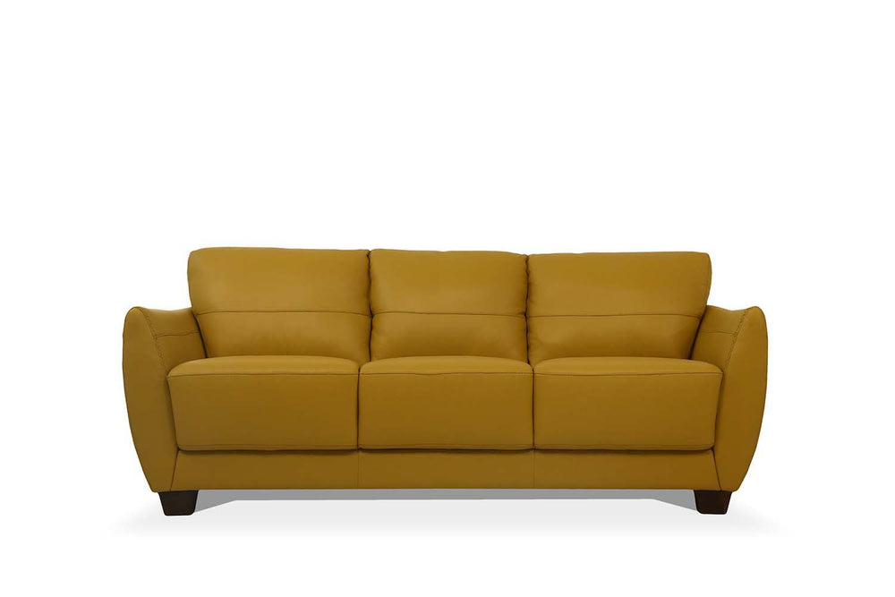 The Valeria sofa set is one youâ€™ll want to spend lots of time in. This beautiful mustard or watery leather sofa features same tone stitching and unique wood block legs. Its deep, comfy seat and flared padded arms give it an incredible sink-right-in qual