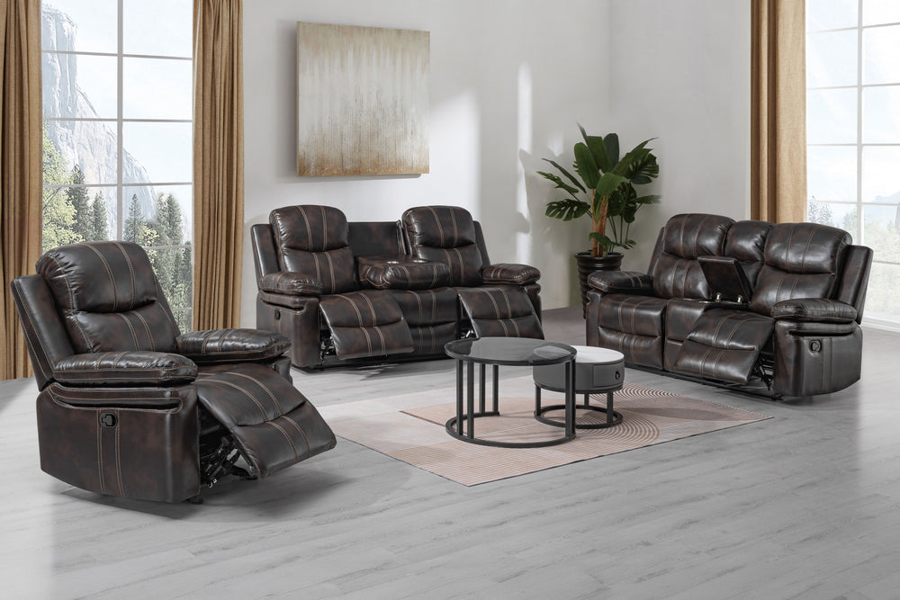 The Kellen 3-Piece Motion Upholstery Set, including a dual reclining sofa, console loveseat, and glider recliner, offers the perfect combination of comfort, style, and functionality. Crafted from premium hardwoods and plywood, the sturdy frames provide lo