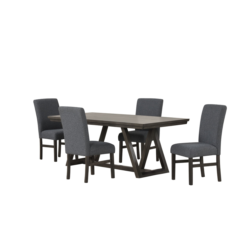 The High Line 5 Piece Dining Set is designed to be the centerpiece of your dining experience. Including one trestle dining table and four gray upholstered side chairs, this set is built to last, expertly crafted from solid Acacia and Rubberwood, enhanced 