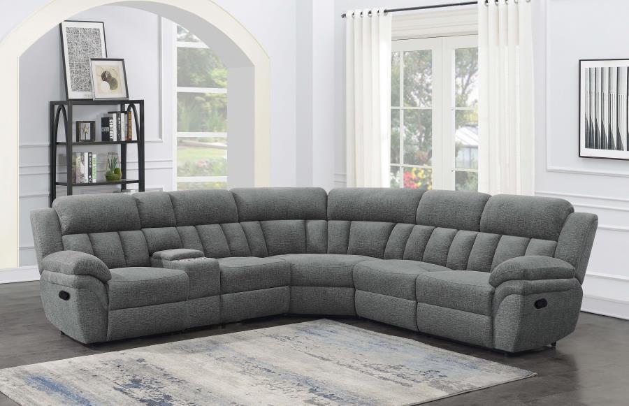 The perfect addition to an entertainment room or spacious living room, this expansive six-piece modular sectional seats up to five people. Wrapped in a charcoal performance chenille, this sectional is soft to the touch. With manual recline options, this f