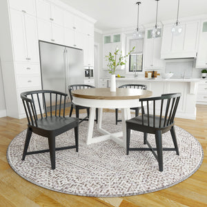 Americana Modern Dining 48-66" Round Dining Table and 4 Black Barrel Chairs