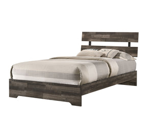 This bedroom collection embodies a rustic, yet minimalist aesthetic with its clean lines and neutral color palette. The set includes a low-profile bed frame, a dresser with a mirror, and a tall chest, all finished in a versatile gray that easily complemen