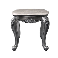 Rectangular End Table â€¢ NO Storage â€¢ Marble Top â€¢ Wooden Frame with Raised Scrolled Trim and Floral Motifs (Vintage Hand-Brush Finish) â€¢ Queen Anne Leg<br/><br/><b>Product Features</b><ul><li>Exclusive Design</li><li>Occasional Tables</li><li>Marb