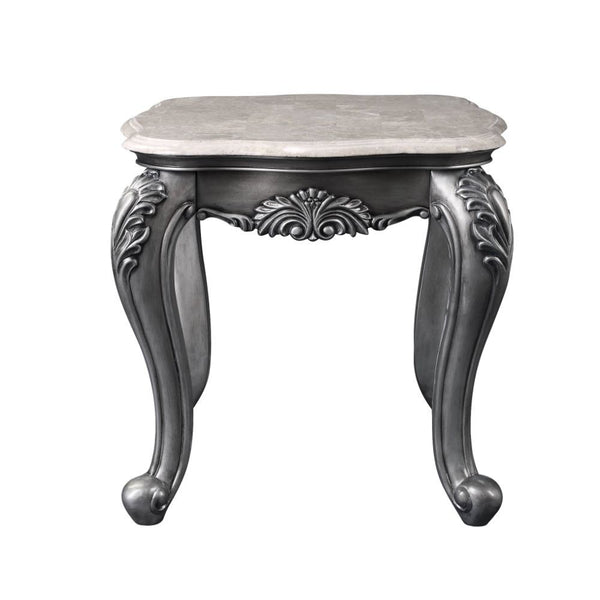 Rectangular End Table â€¢ NO Storage â€¢ Marble Top â€¢ Wooden Frame with Raised Scrolled Trim and Floral Motifs (Vintage Hand-Brush Finish) â€¢ Queen Anne Leg<br/><br/><b>Product Features</b><ul><li>Exclusive Design</li><li>Occasional Tables</li><li>Marb