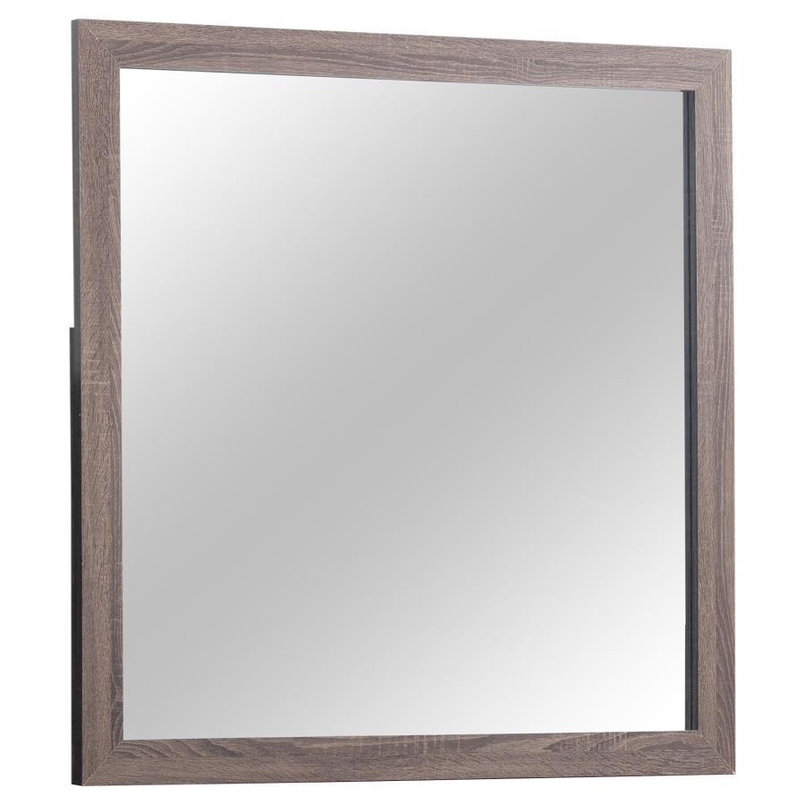 This dresser mirror offers a stylish and functional addition to any bedroom. Designed to pair with the matching dresser, its clean-lined rectangular frame enhances contemporary and modern spaces. Crafted from engineered wood with a durable laminate veneer