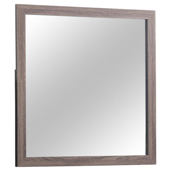 This dresser mirror offers a stylish and functional addition to any bedroom. Designed to pair with the matching dresser, its clean-lined rectangular frame enhances contemporary and modern spaces. Crafted from engineered wood with a durable laminate veneer
