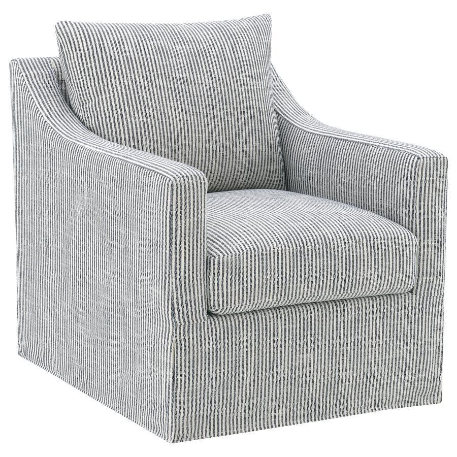 This swivel accent chair complements living room dÃ©cor with its neutral fabric and streamlined silhouette. Perfect as lounge seating or an occasional chair, it offers a gentle, 360-degree swivel for relaxed conversation or quiet reading. Its plush seat a