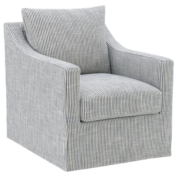 This swivel accent chair complements living room dÃ©cor with its neutral fabric and streamlined silhouette. Perfect as lounge seating or an occasional chair, it offers a gentle, 360-degree swivel for relaxed conversation or quiet reading. Its plush seat a