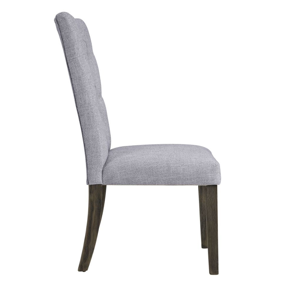 Armless Parson Chair (High Backrest) Stationary Seat: Standard Dining Height Padded SEAT & BACK: Gray Fabric Cushion (Gray Multi-Tone Shades) Square Backrest: Button Tufted (Inside) Wood Tapered Leg: Gray Oak Finish<br/><br/><b>Product Features</b><ul><li